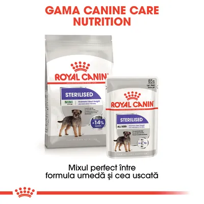 Pachet și plic Royal Canin Sterilised pentru câini, text vizibil: -14% calorii, 85g, Maintains Ideal Weight, Mixul perfect între formula umedă și cea uscată.