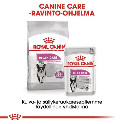 Royal Canin Relax Care -koiranruoka, kuiva- ja säilykeruoka. Pakkausteksti: MINI, ALL SIZES, Adaptation to Changes, +44 % normal behaviour. 85 g pussi, Canine Care -ravinto-ohjelma.
