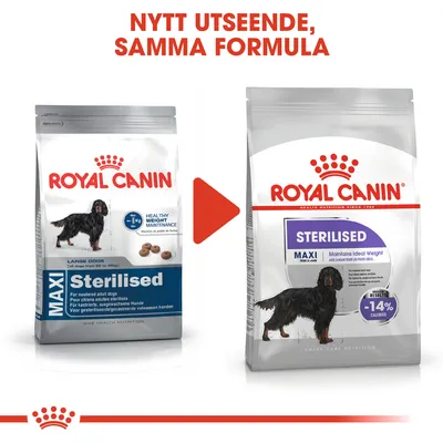 Royal Canin MAXI Sterilised hundfoder, bild på gammal och ny förpackning. Text: Nytt utseende, samma formula. Synlig text: -14 % calories, Maintains Ideal Weight.