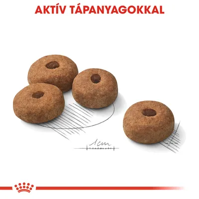 Négy karika alakú száraztáp szem, alatta 1 cm-es méretjelzés. Felül: AKTÍV TÁPANYAGOKKAL felirat piros betűkkel.