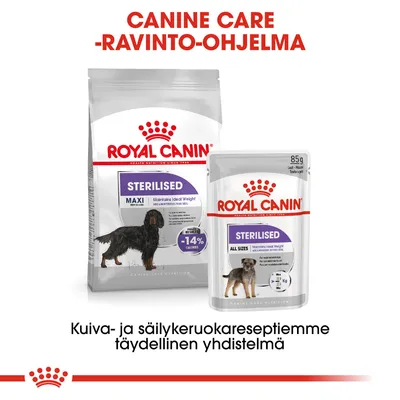 Royal Canin Sterilised -kuivaruoka ja -säilykeruoka koirille, pakkauksissa näkyvät tekstit: MAXI, ALL SIZES, -14 % calories. Yläosassa teksti: CANINE CARE -RAVINTO-OHJELMA.