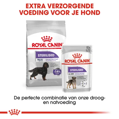 Royal Canin Sterilised hondenvoer, droog- en natvoeding verpakkingen zichtbaar. Tekst: Extra verzorgende voeding voor je hond. De perfecte combinatie van onze droog- en natvoeding.