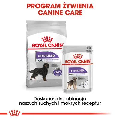 ROYAL CANIN STERILISED MAXI karma sucha i mokra dla psów, opakowania z widocznymi nazwami, informacja: -14% kalorii, 85 g, program żywienia Canine Care