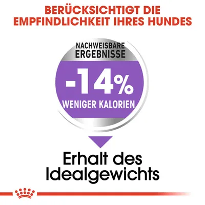 Berücksichtigt die Empfindlichkeit Ihres Hundes. Nachweisbare Ergebnisse: -14% weniger Kalorien. Erhalt des Idealgewichts.