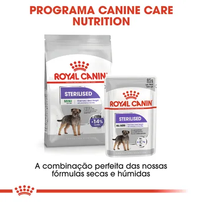 Royal Canin Sterilised Mini ração seca e Royal Canin Sterilised All Sizes alimento húmido para cães. Texto: Programa Canine Care Nutrition. A combinação perfeita das nossas fórmulas secas e húmidas.