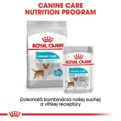 Royal Canin Urinary Care Mini suché krmivo a Urinary Care All Sizes mokré krmivo pre psov, text: Dokonalá kombinácia našej suchej a vlhkej receptúry.