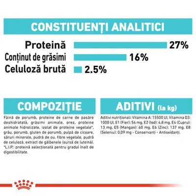 Constituenți analitici: proteină 27 %, grăsimi 16 %, celuloză brută 2,5 %. Compoziție: făină de porumb, proteine carne pasăre, orez, grăsimi animale etc. Aditivi: vitamine, minerale, antioxidanți.