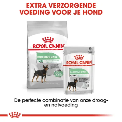 Royal Canin Digestive Care MINI droogvoer en ALL SIZES natvoer, 85 g. Tekst: Extra verzorgende voeding voor je hond. De perfecte combinatie van onze droog- en natvoeding.