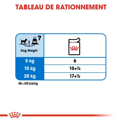 Tableau de rationnement : 5 kg – 6, 10 kg – 10+½, 20 kg – 17+½. ME = 670 kcal/kg. Texte en anglais : Dog Weight. Icônes chien et sachet.