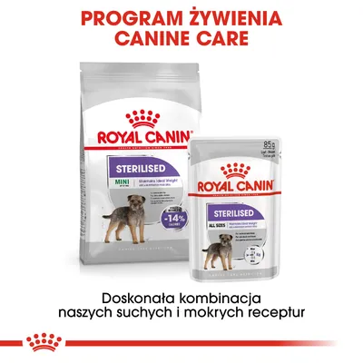 ROYAL CANIN STERILISED MINI karma sucha i mokra dla psów, -14% kalorii, opakowania 85 g i większe. Program żywienia Canine Care. Doskonała kombinacja receptur.