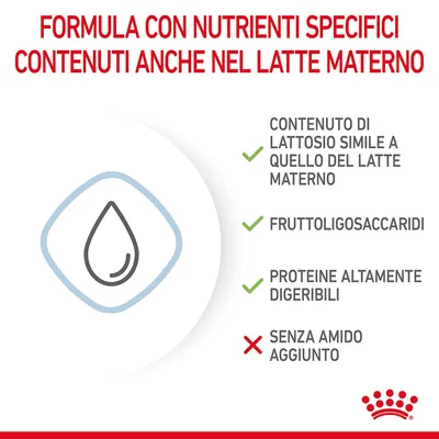 Formula con nutrienti specifici contenuti anche nel latte materno: lattosio simile al latte materno, fruttoligosaccaridi, proteine altamente digeribili, senza amido aggiunto.