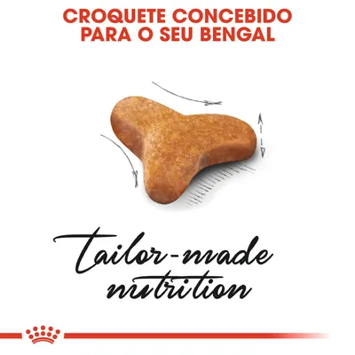 Croquete concebido para o seu Bengal. Texto em inglês: tailor-made nutrition. Croquete castanho de formato triangular com setas desenhadas ao redor.