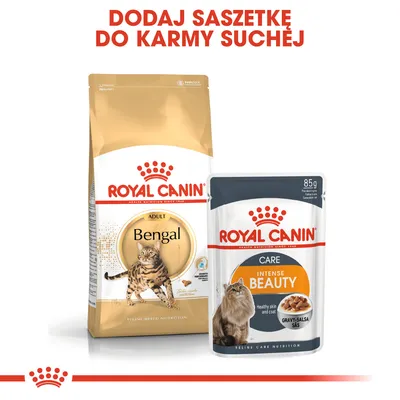 ROYAL CANIN Bengal Adult karma sucha oraz ROYAL CANIN Intense Beauty saszetka 85 g. Napis: Dodaj saszetkę do karmy suchej.