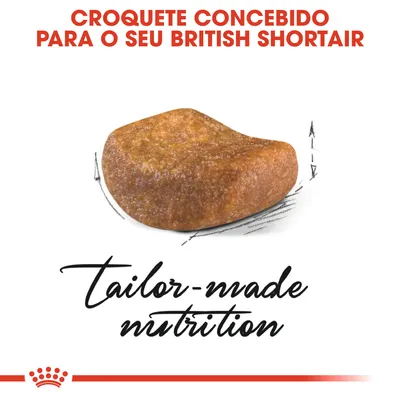 Croquete concebido para o seu British Shorthair. Texto em inglês: tailor-made nutrition. Imagem de um croquete castanho com detalhes desenhados ao redor.