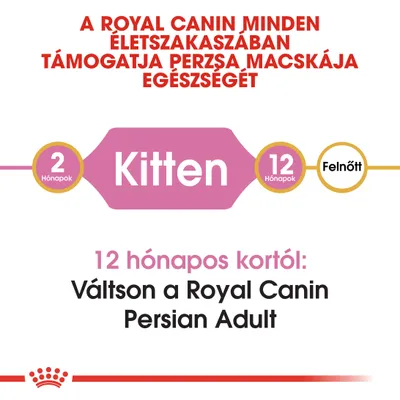 A Royal Canin minden életszakaszban támogatja perzsa macskája egészségét. 2 hónapos kortól Kitten, 12 hónapos kortól váltson a Royal Canin Persian Adult termékre.
