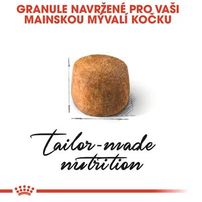 Granule navržené pro mainskou mývalí kočku, detail jedné granule, text: tailor-made nutrition