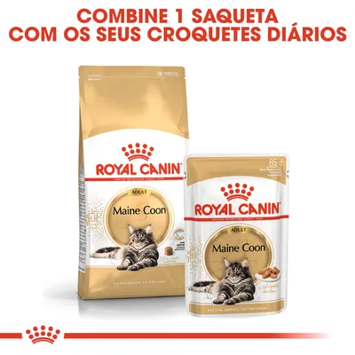 Saco e saqueta de Royal Canin Maine Coon Adult, com texto: Combine 1 saqueta com os seus croquetes diários. Saqueta de 85 g visível.