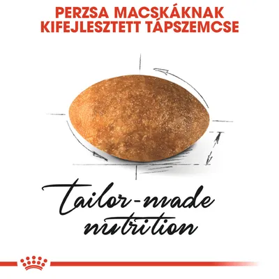 Perzsa macskáknak kifejlesztett tápszemcse, alatta angol szöveg: tailor-made nutrition