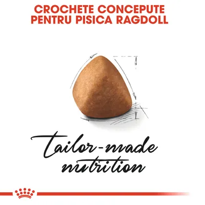 Crochete concepute pentru pisica Ragdoll. Imagine cu o croșetă și textul: tailor-made nutrition.