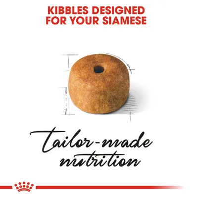 Текст на английском: KIBBLES DESIGNED FOR YOUR SIAMESE, tailor-made nutrition. Изображение круглой гранулы корма с отверстием посередине.