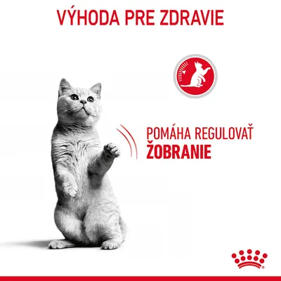 Výhoda pre zdravie. Pomáha regulovať žobranie. Obrázok mačky a červený symbol s mačkou. Značka Royal Canin v pravom dolnom rohu.