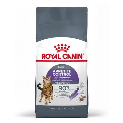 Balenie Royal Canin Care Appetite Control pre mačky, text: Helps control begging, over 90% of owners reported controlled begging in 4 weeks, obrázok mačky a granúl.