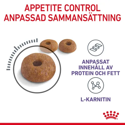 Appetite Control, anpassad sammansättning. Anpassat innehåll av protein och fett. L-karnitin. Tre foderbitar i närbild, Royal Canin-logotyp synlig.