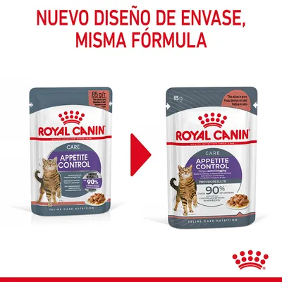Royal Canin Appetite Control Care para gatos, muestra cambio de diseño de envase con la misma fórmula. Dos sobres de 85 g visibles, texto: 'Nuevo diseño de envase, misma fórmula'.