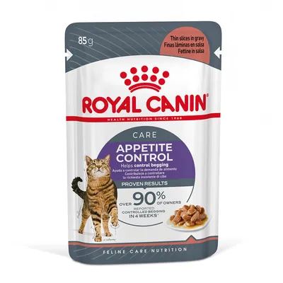 Royal Canin Care Appetite Control para gatos, 85 g. Finas láminas en salsa. Ayuda a controlar la demanda de alimento. Más del 90 % de dueños reportó menos insistencia en 4 semanas.