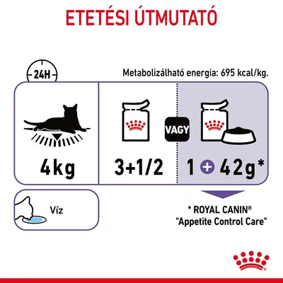 Etetési útmutató: 4 kg-os macska napi adagja 3 és fél tasak vagy 1 tasak + 42 g száraztáp. Metabolizálható energia: 695 kcal/kg. Víz mindig legyen elérhető.