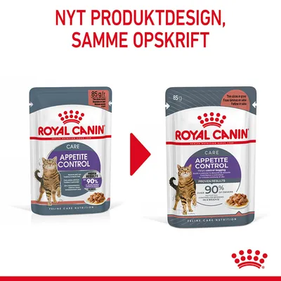 Royal Canin Care Appetite Control kattefoder, to poser med forskelligt design. Tekst: NYT PRODUKTDESIGN, SAMME OPSKRIFT. 85 g. Proven results over 90 % reported by owners in 4 weeks.