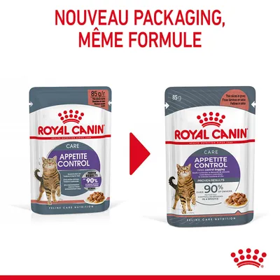 Nouveau packaging, même formule. Deux sachets Royal Canin Appetite Control 85 g pour chat, ancien et nouveau design, texte visible : over 90 % owners satisfied in 4 weeks.