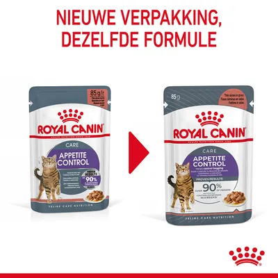 Royal Canin Care Appetite Control kattenvoer, nieuwe verpakking naast oude, tekst: 'NIEUWE VERPAKKING, DEZELFDE FORMULE', beide zakjes 85 g, paarse label en kat zichtbaar.