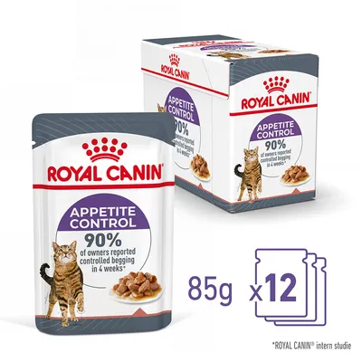 Royal Canin Appetite Control, 85 g x 12. Text: 90% of owners reported controlled begging in 4 weeks*. Bild på katt och våtfoder. *ROYAL CANIN intern studie.