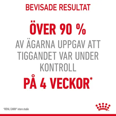Bevisade resultat: Över 90 % av ägarna uppgav att tiggandet var under kontroll på 4 veckor. *Royal Canin intern studie.