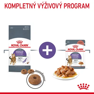 Royal Canin Appetite Control Care pre mačky: balenie suchého krmiva, kapsička s mokrým krmivom a miska s kúskami v omáčke. Text: Kompletný výživový program.