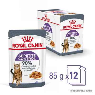 Royal Canin Appetite Control macskaeledel, 85 g x 12 tasak. Csomagoláson: 90% of owners reported controlled begging in 4 weeks*. *ROYAL CANIN belső felmérés.