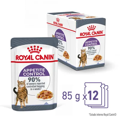 Royal Canin Appetite Control, embalagem de 12 saquetas de 85 g. Texto visível: '90% of owners reported controlled begging in 4 weeks*'. Imagem de um gato e comida húmida.