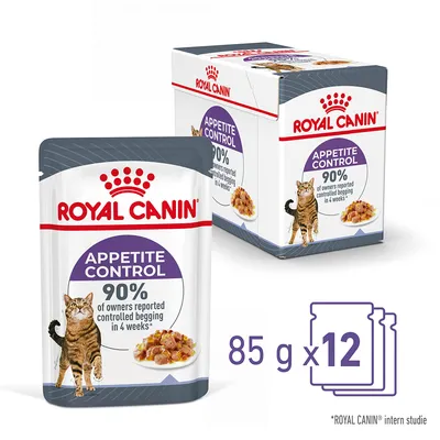 Royal Canin Appetite Control, 12 portionspåsar à 85 g. Text: 90% of owners reported controlled begging in 4 weeks. Bild på katt och våtfoderbitar.