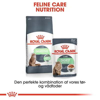 Royal Canin Feline Care Nutrition. Tørfoder: Digestive, vådfoder: Digest Sensitive 85 g. Tekst: Den perfekte kombination af vores tør- og vådfoder. Kattebilleder på begge pakker.