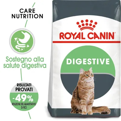 Royal Canin Digestive per gatti, sostegno alla salute digestiva, risultati provati: -49% riduzione del quantitativo di feci, confezione con immagine di gatto.