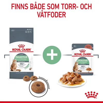 Royal Canin Digestive Care kattfoder, finns som torr- och våtfoder. Bild på förpackningar och foderbitar samt text: 'Finns både som torr- och våtfoder'.