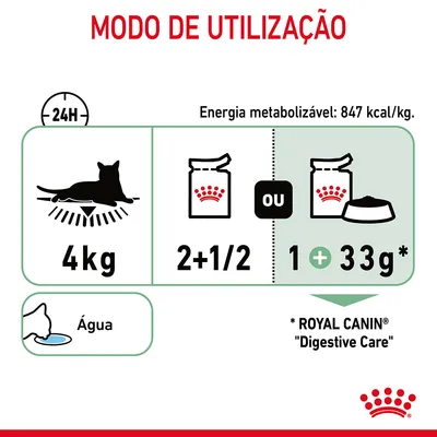 Modo de utilização para gato de 4 kg: 2+1/2 saquetas ou 1 saqueta mais 33 g de ração Royal Canin Digestive Care por dia. Energia metabolizável: 847 kcal/kg. Água disponível.