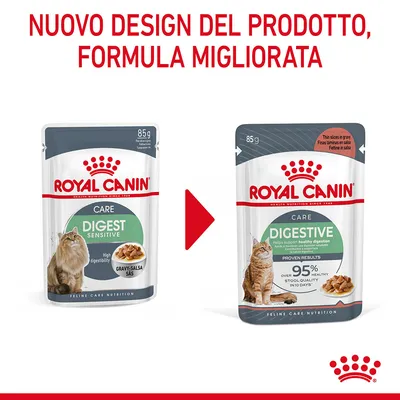 Nuovo design del prodotto, formula migliorata. Due confezioni Royal Canin Care Digest Sensitive/Digestive 85 g per gatti, confronto tra vecchio e nuovo packaging.