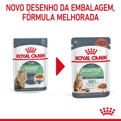 Royal Canin Care Digest Sensitive e Digestive 85 g para gatos. Texto: Novo desenho da embalagem, fórmula melhorada. Embalagens antigas e novas lado a lado com gato visível.