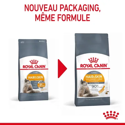 Nouveau packaging, même formule. Deux sachets Royal Canin Hair & Skin pour chats, ancien et nouveau design, texte visible : 'proven results in 21 days', 'over 90% of owners after 3 weeks'.