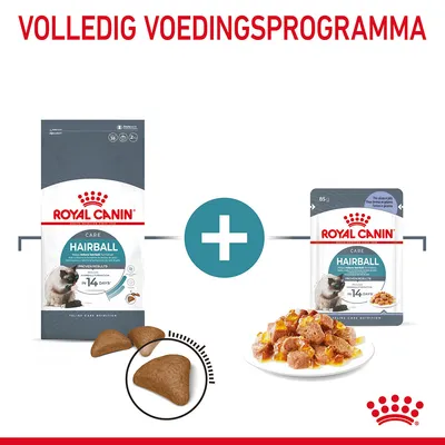 Royal Canin Hairball Care droogvoer en natvoer, beide verpakkingen zichtbaar met brokjes en stukjes voer op een bord. Tekst: Volledig voedingsprogramma.