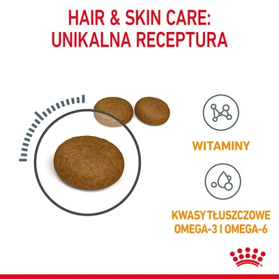 Hair & Skin Care: unikalna receptura, witaminy, kwasy tłuszczowe omega-3 i omega-6. Zbliżenie na kształt karmy Royal Canin.