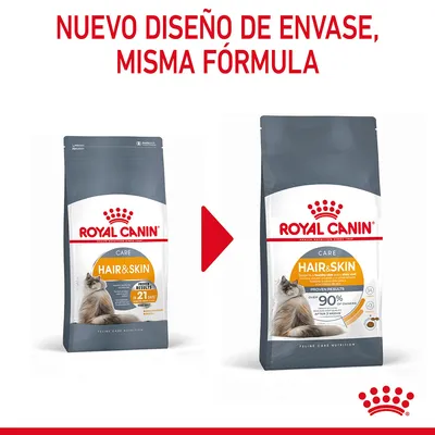 Royal Canin Hair & Skin para gatos. Imagen comparativa del antiguo y nuevo envase con el texto: Nuevo diseño de envase, misma fórmula.