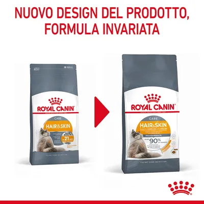 ROYAL CANIN Hair & Skin per gatti, confronto tra vecchio e nuovo design della confezione. Testo in alto: Nuovo design del prodotto, formula invariata.